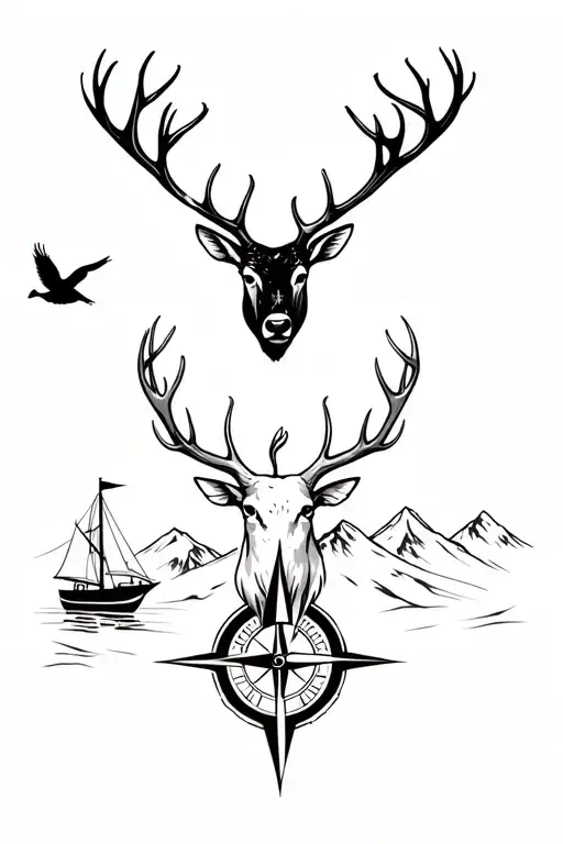 stag head, stork flying, skis on snowy mountain peak, a compass and a sailboat tattoo design idea