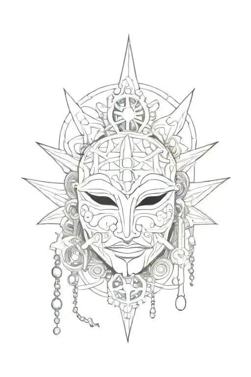 mask funny sad and japanese mythology, wind rose, beads with cross tattoo design idea
