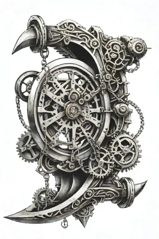 mechanical scythe pendulum on long chain hanging from machine linkage   tattoo design idea