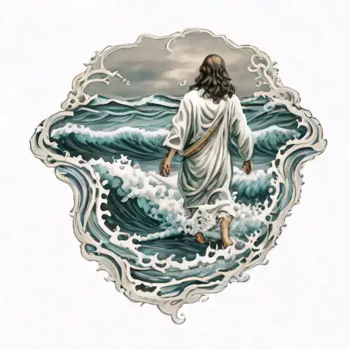 Hyper Realistic, Portrait of Jesus Christ walking from the back, on water waves, stormy waters, highly detailed imagery, tattoo design idea