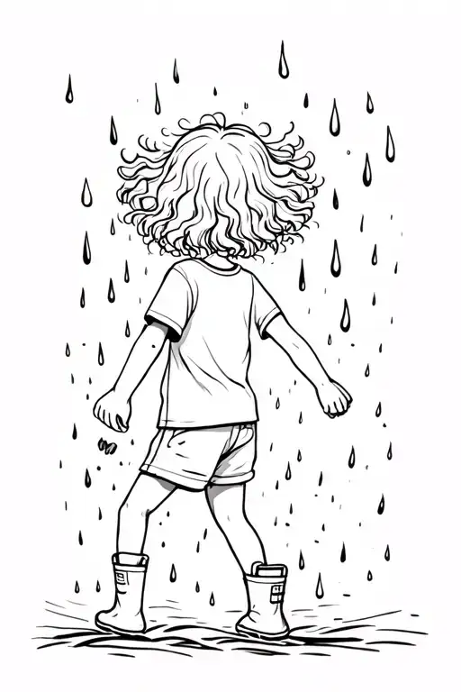 back of a little girl with wild and curly hair wearing a t-shirt and shorts playing in the rain with rain boots tattoo design idea