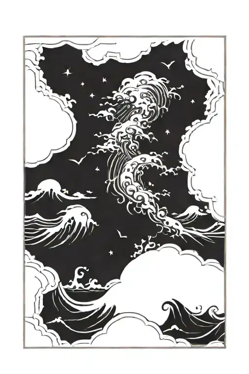 inside a black rectangle frame a scene of dark stormy ocean with high contrast  tattoo design idea