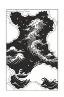 inside a black rectangle frame a scene of dark stormy ocean with high contrast  tattoo design idea