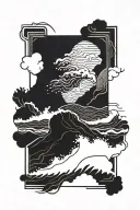 inside a black rectangle frame a scene of dark stormy ocean with high contrast  tattoo design idea