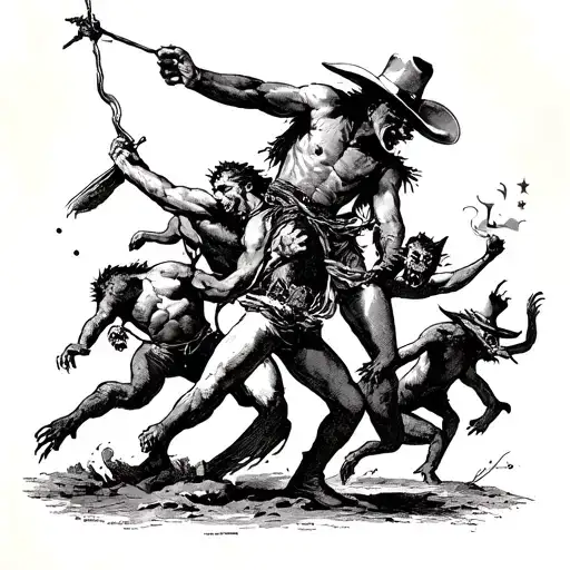 cowboy fighting a pit of demons trying to pull him to hell tattoo design idea