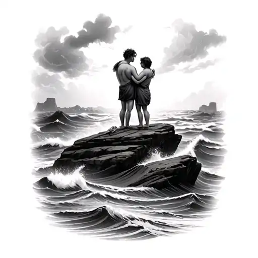 two brothers watching the stormy sea on a rock, one under each other's arms tattoo design idea