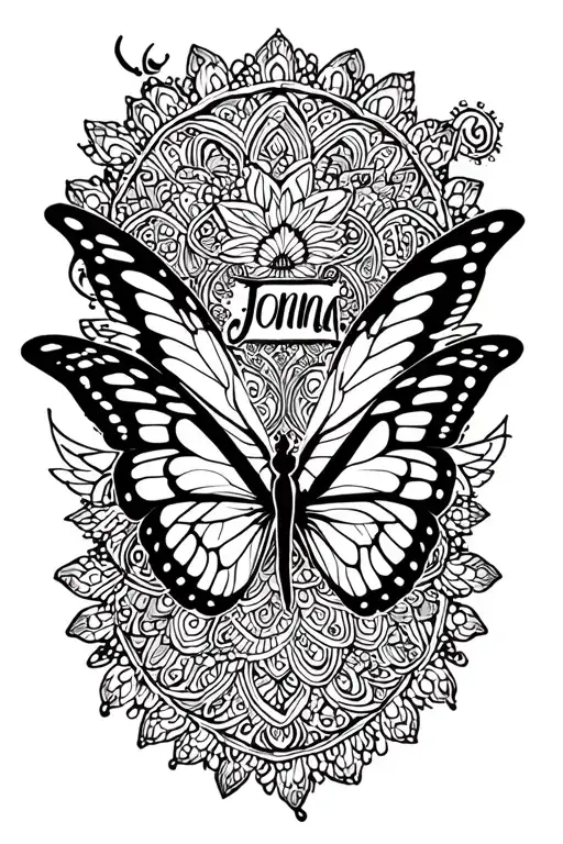 "Jonna" Butterfly Initials In Wings With Mandala Along tattoo design idea