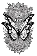 "Jonna" Butterfly Initials In Wings With Mandala Along tattoo design idea