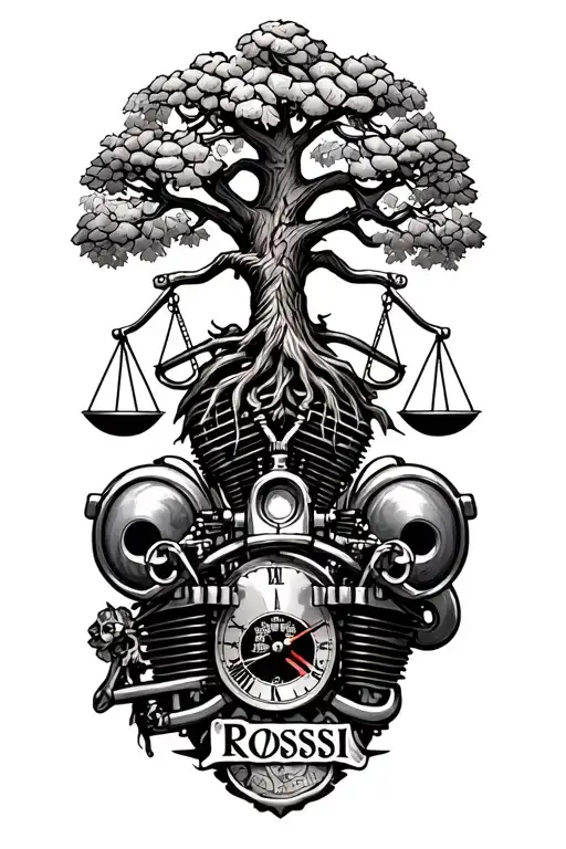 "Rossi " "Rossi " "Rossi " harley knuckleheads engine, tree of life, libra scales, time intertwined tattoo design idea