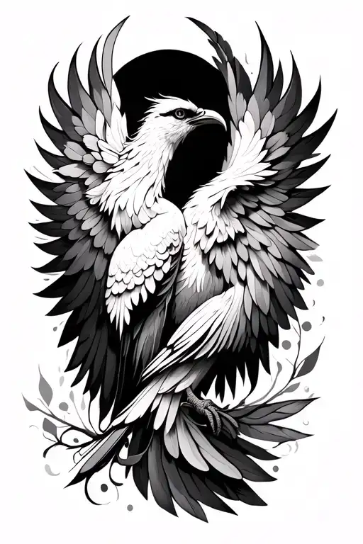 Design a feminine and whimsical tattoo in grayscale vertical format. It should feature a phoenix with its wings folded w tattoo design idea