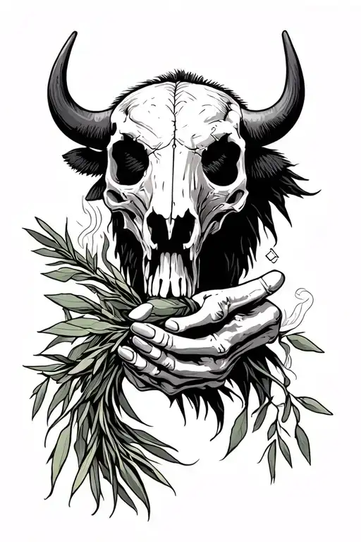 bison skull and skeleton hand holding smoking sage bundle black white  tattoo design idea