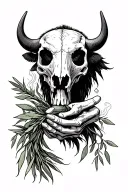 bison skull and skeleton hand holding smoking sage bundle black white  tattoo design idea