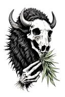 bison skull and skeleton hand holding smoking sage bundle black white  tattoo design idea