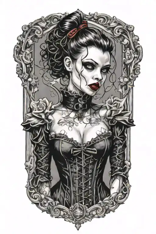 male vampire bitting neck of gothic pinup girl wearing corset and fishnets tattoo design idea