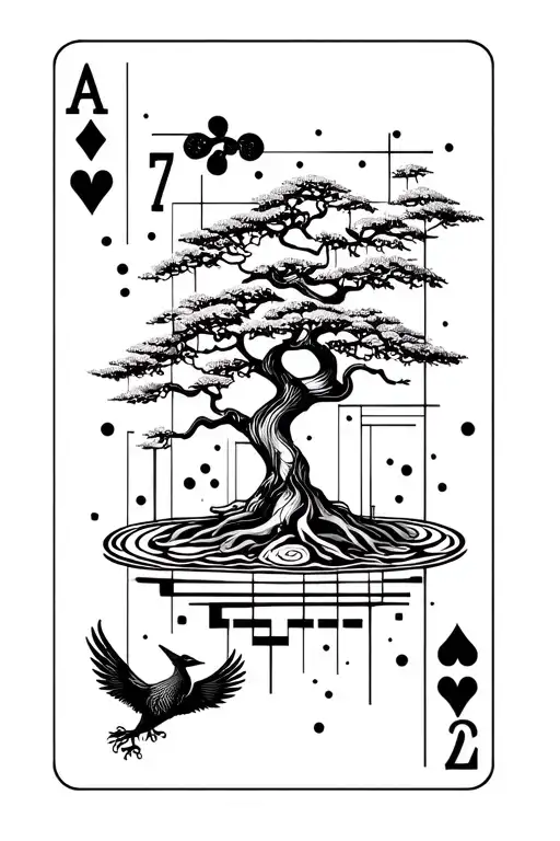 A 7 and 2 cards and a bonsai tree and a phoenix around it and a bunch of random squares and dots (geometric tattoo style tattoo design idea