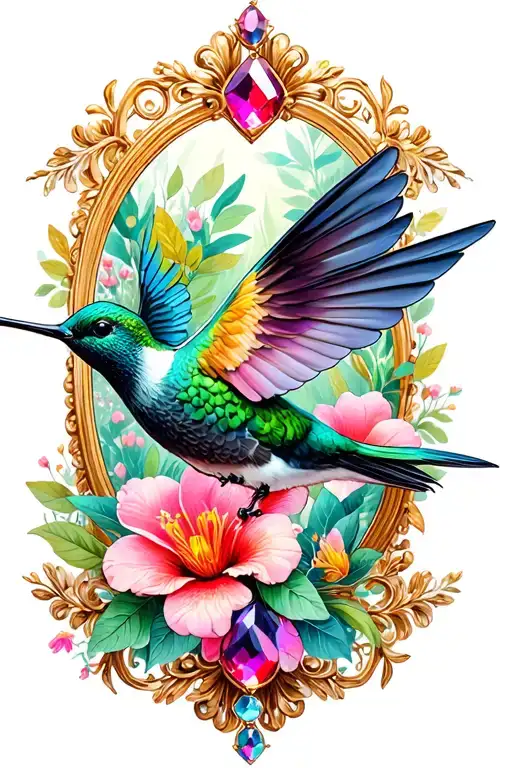 hummingbird flowers jewel ornate frame tattoo design idea