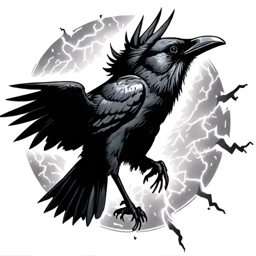 crow being struck by lightning bolt, black and white, storybook style  tattoo design idea