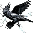 crow being struck by lightning bolt, black and white, storybook style  tattoo design idea