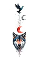 Vertical, fine line, black, grey, red, turkis, phoenix (top and right), moon (center), wolf (bottom and left) tattoo design idea
