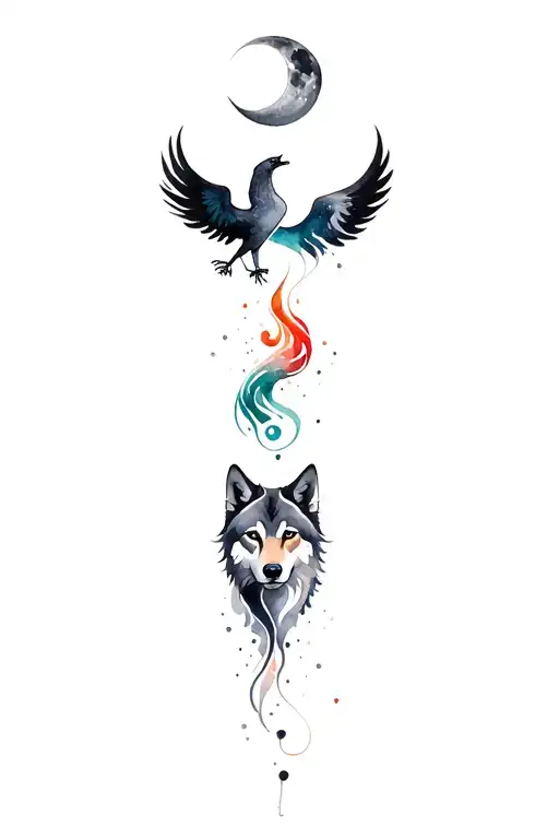 Vertical, fine line, black, grey, red, turkis, phoenix (top and right), moon (center), wolf (bottom and left) tattoo design idea