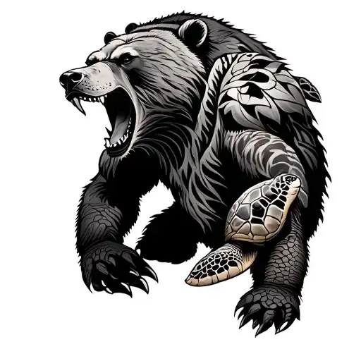 Tribal Hawaiian style sleeve tattoo on the right arm. Grizly bear roaring on shoulder, and a sea turtle on the elbow. tattoo design idea