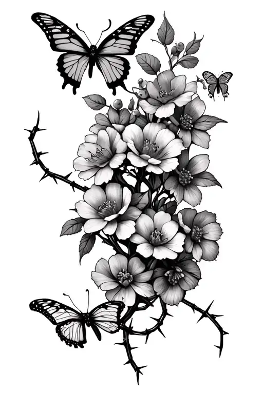 barbed wire vine with flowers on it and butterflies  tattoo design idea