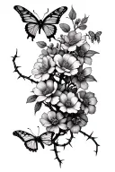 barbed wire vine with flowers on it and butterflies  tattoo design idea