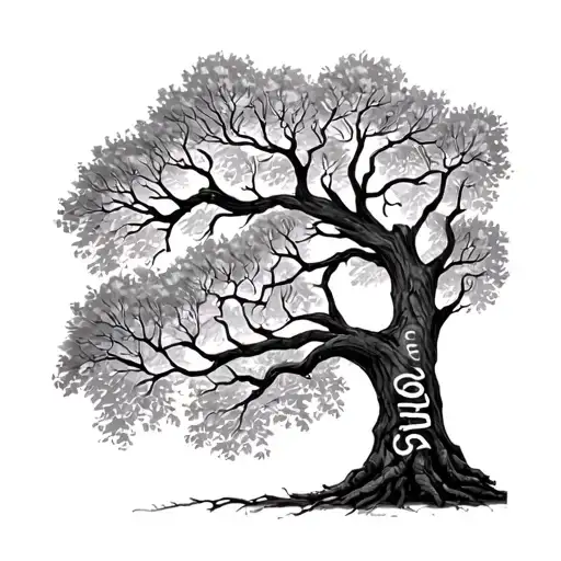 tree with name Caroline as the trunk of the tree and names David, Jaed, Lorna, Abigail and Nicole as the branches blened tattoo design idea