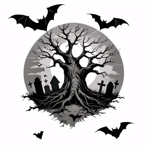 bats and graveyard with a dead tree tattoo design idea