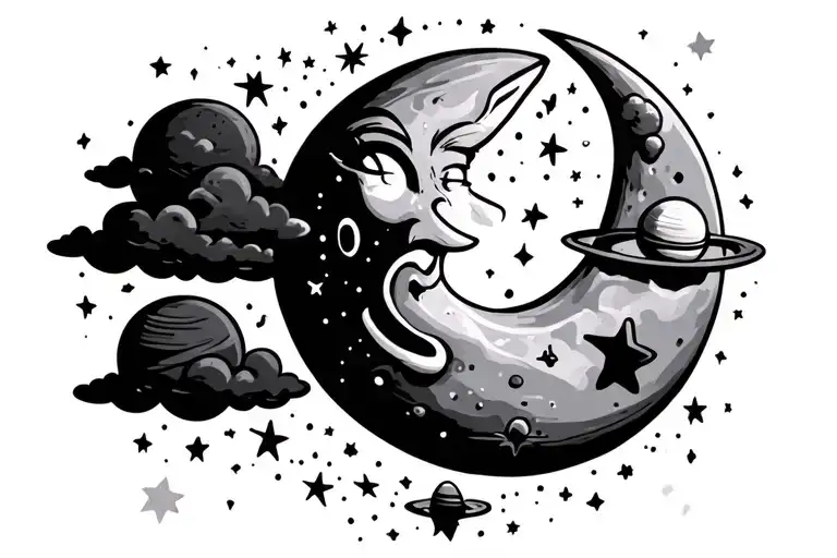 crescent moon with an animated face, stars, clouds, little planets  tattoo design idea