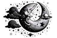 crescent moon with an animated face, stars, clouds, little planets  tattoo design idea