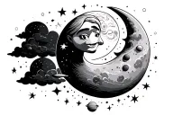 crescent moon with an animated face, stars, clouds, little planets  tattoo design idea