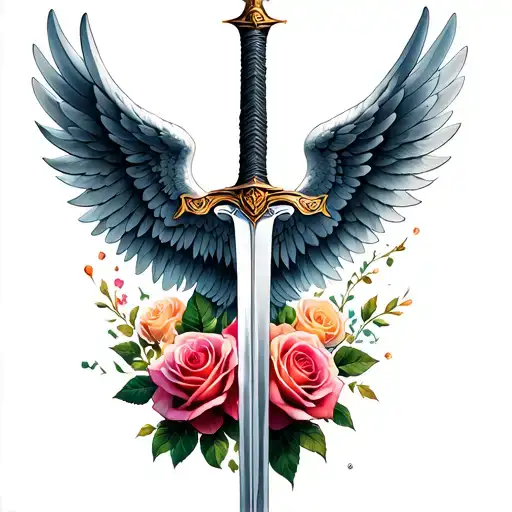 wings and roses with sword tattoo design idea