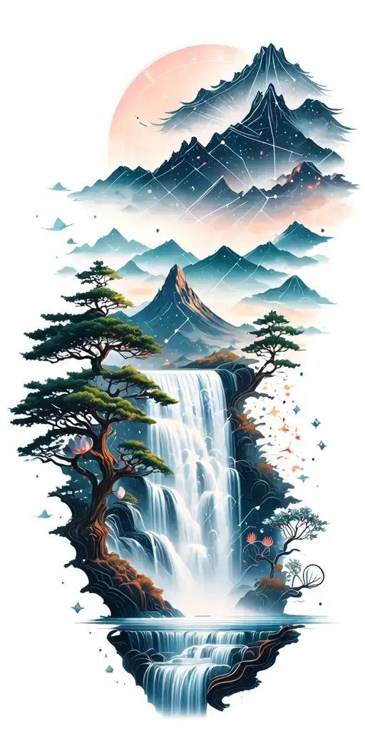 collage of space constellation, Buddhist mountain, trees, waterfall, lotus, large mechanical gears, whitespace lines tattoo design idea