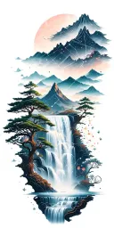 collage of space constellation, Buddhist mountain, trees, waterfall, lotus, large mechanical gears, whitespace lines tattoo design idea