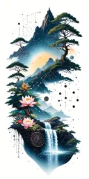collage of space constellation, Buddhist mountain, trees, waterfall, lotus, large mechanical gears, whitespace lines tattoo design idea