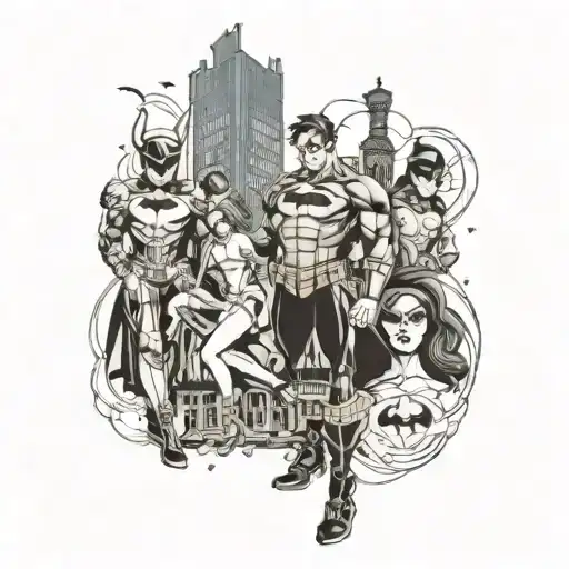 dc comics Gotham with villains whole leg sleeve tattoo design idea