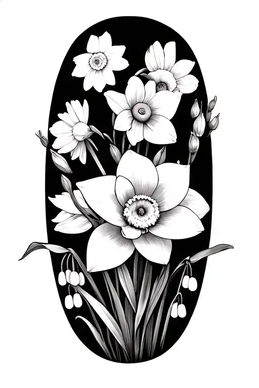 daffodils, daisies, lily of the valley, and larkspur flowers with little to no stems tattoo design idea