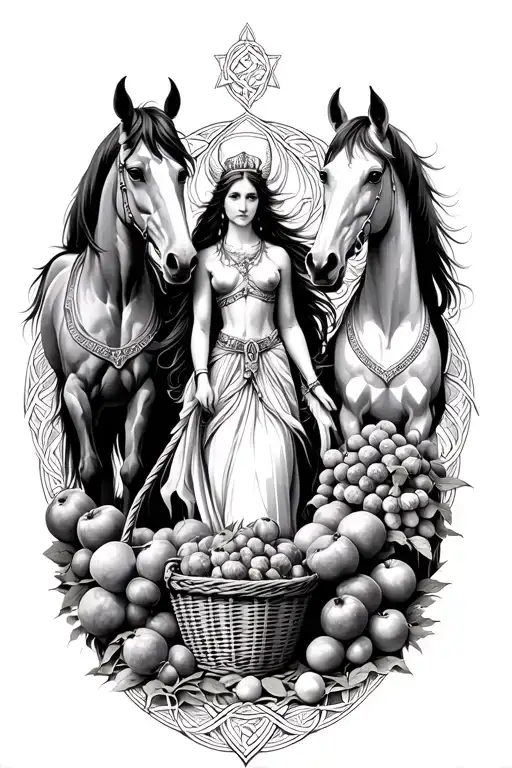 Celtic Goddess, Epona. surrounded by Horses and with a basket of fruit tattoo design idea