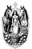 Celtic Goddess, Epona. surrounded by Horses and with a basket of fruit tattoo design idea