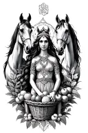 Celtic Goddess, Epona. surrounded by Horses and with a basket of fruit tattoo design idea