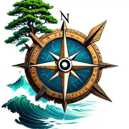 a mixture of compass, compass rose, tree and stormy sea, where an arrow points to the north tattoo design idea