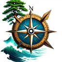 a mixture of compass, compass rose, tree and stormy sea, where an arrow points to the north tattoo design idea