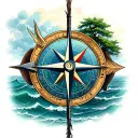 a mixture of compass, compass rose, tree and stormy sea, where an arrow points to the north tattoo design idea
