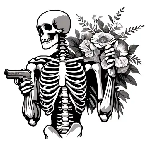 Full-body Skeleton standing holding a pistol in front of his body points and holding a bouqet of flowers behind his back tattoo design idea