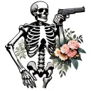 Full-body Skeleton standing holding a pistol in front of his body points and holding a bouqet of flowers behind his back tattoo design idea