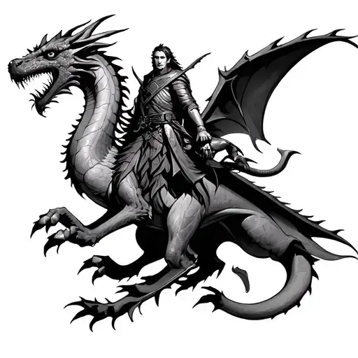 The character of the Lord of the Rings Saeron on his dragon in the style of via and realism tattoo design idea