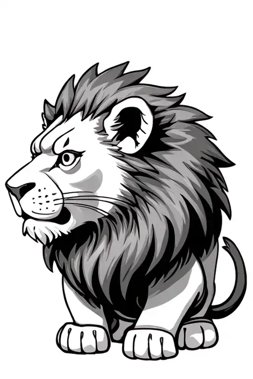 Dwarf lion head erected vertically on its back legs, side view. CHRP EARS. tattoo design idea
