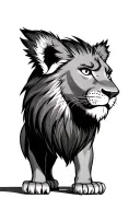 Dwarf lion head erected vertically on its back legs, side view. CHRP EARS. tattoo design idea
