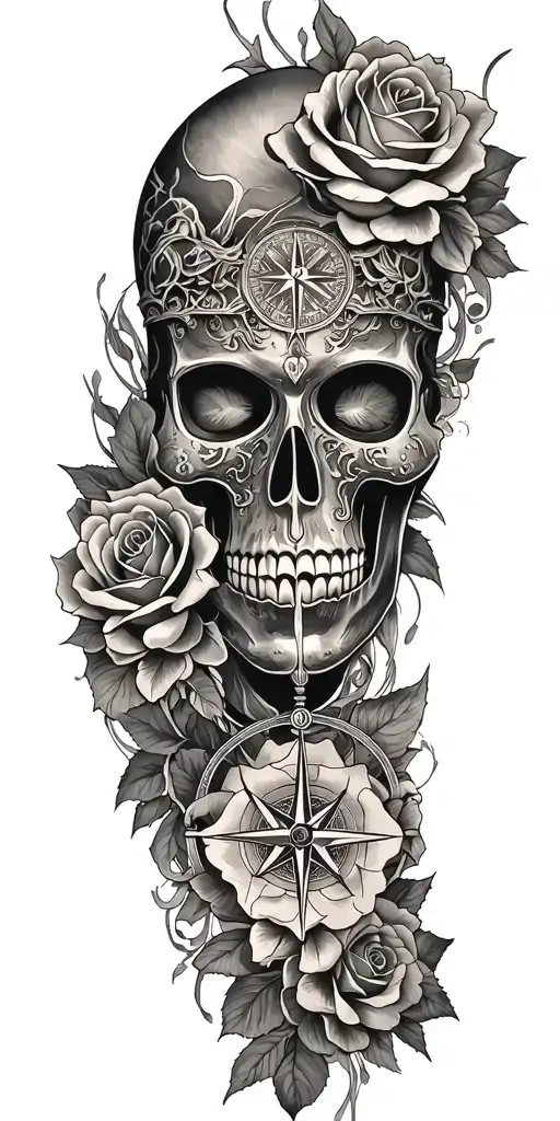 roses, Japanese death mask, compass, mythology tattoo tattoo design idea